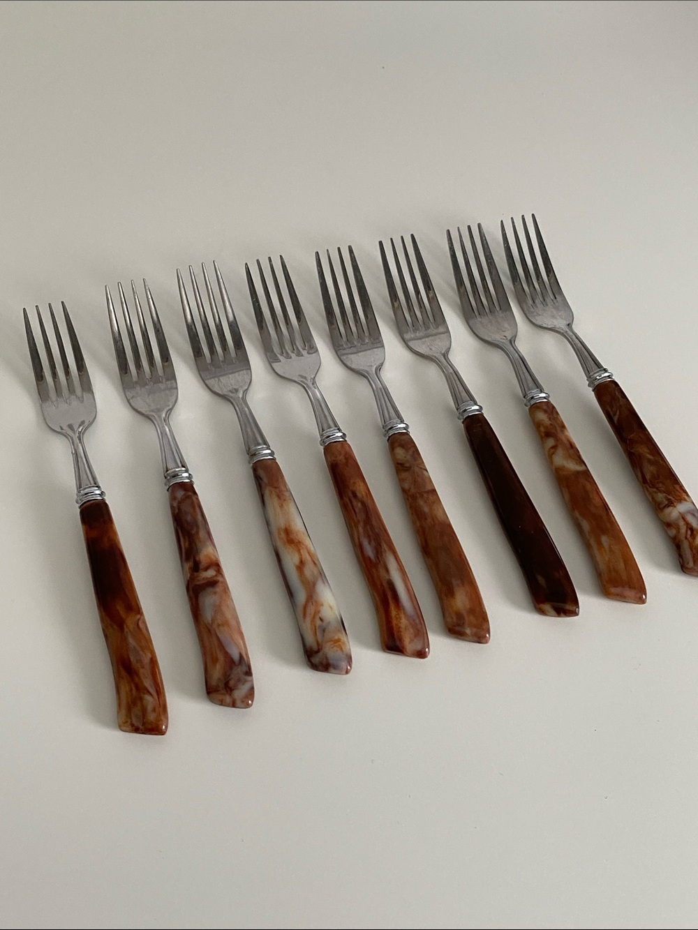 Vintage Brown Swirl Resin Handle Dinner Forks - Set of 8